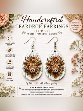 Highland Cow Floral Earrings | Handmade Teardrop Country Western Earrings